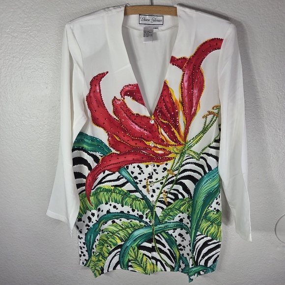 Diane Gilman Tops - Diane Gilman Silk Beaded Vintage Size M ButtonUp Floral Tunic Blouse White Red